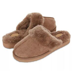 Faux Suede Faux Fur-Lined Mule Slippers in Dark Khaki